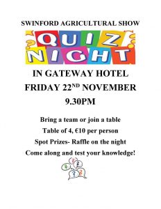 Swinford agricultural show quiz poster 22nd November 2019